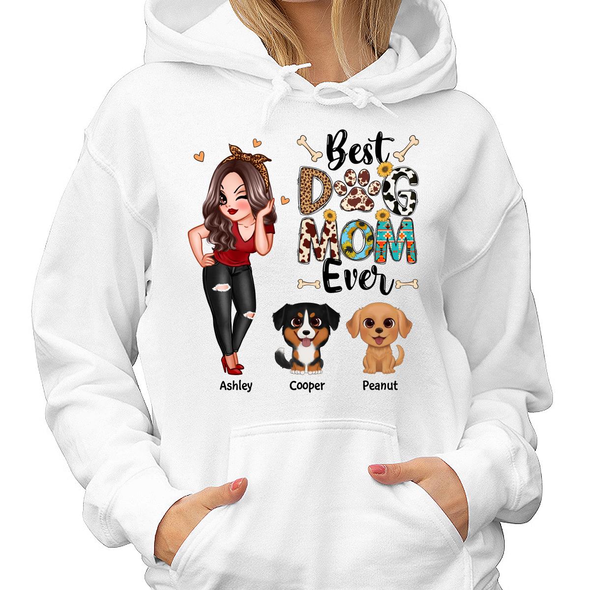 Best Dog Mom Ever Multi Pattern Pretty Girl & Cute Cartoon Sitting Dog Personalized Shirt