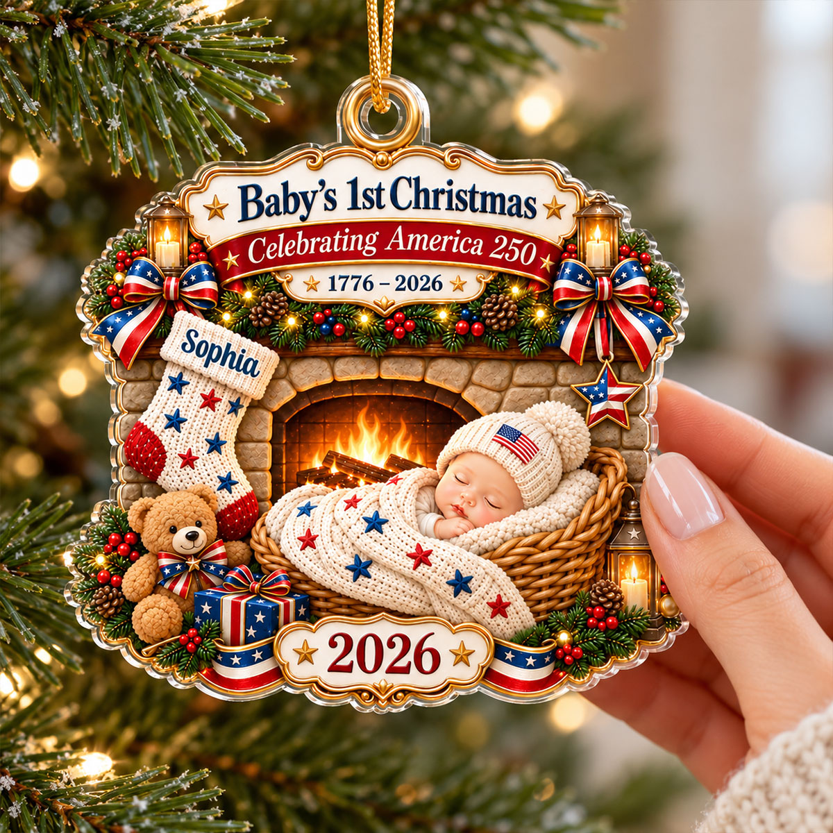 Baby By Fireplace Baby's First Christmas 2D Flat - Personalized Acrylic Ornament - 250th America 1776 - 2026 Anniversary, Patriotic Christmas Decor, Gifts for New Parents