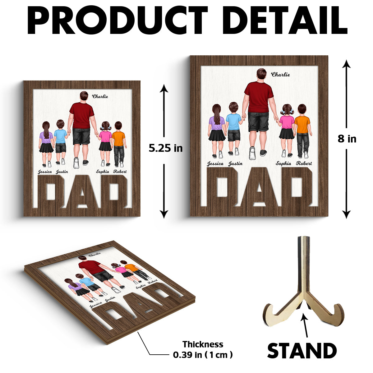 Dad And Kids Walking Back View Personalized 2-Layer Wooden Plaque