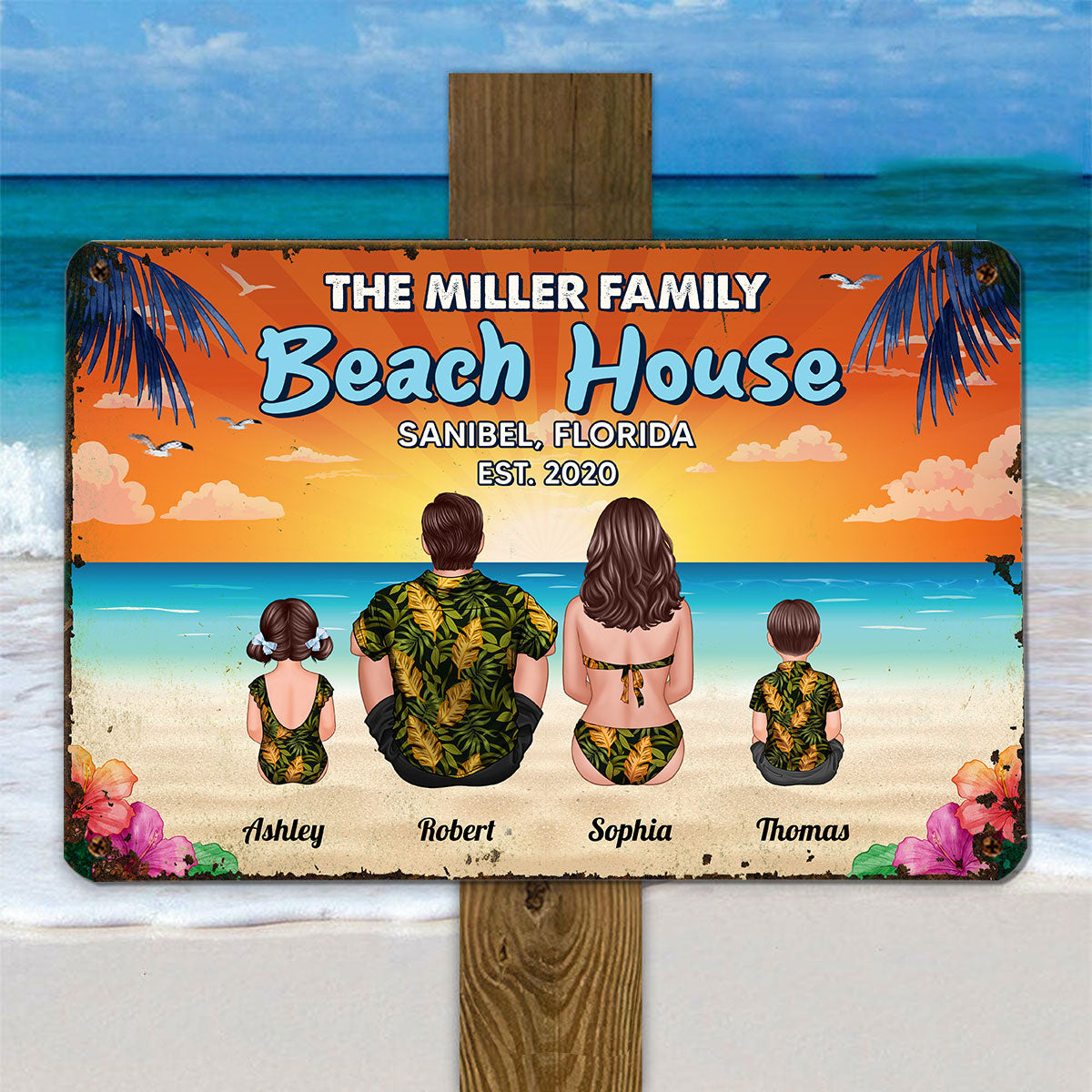 Summer Beach House Back View Family Couple Kid Dog Cat Personalized Metal Sign