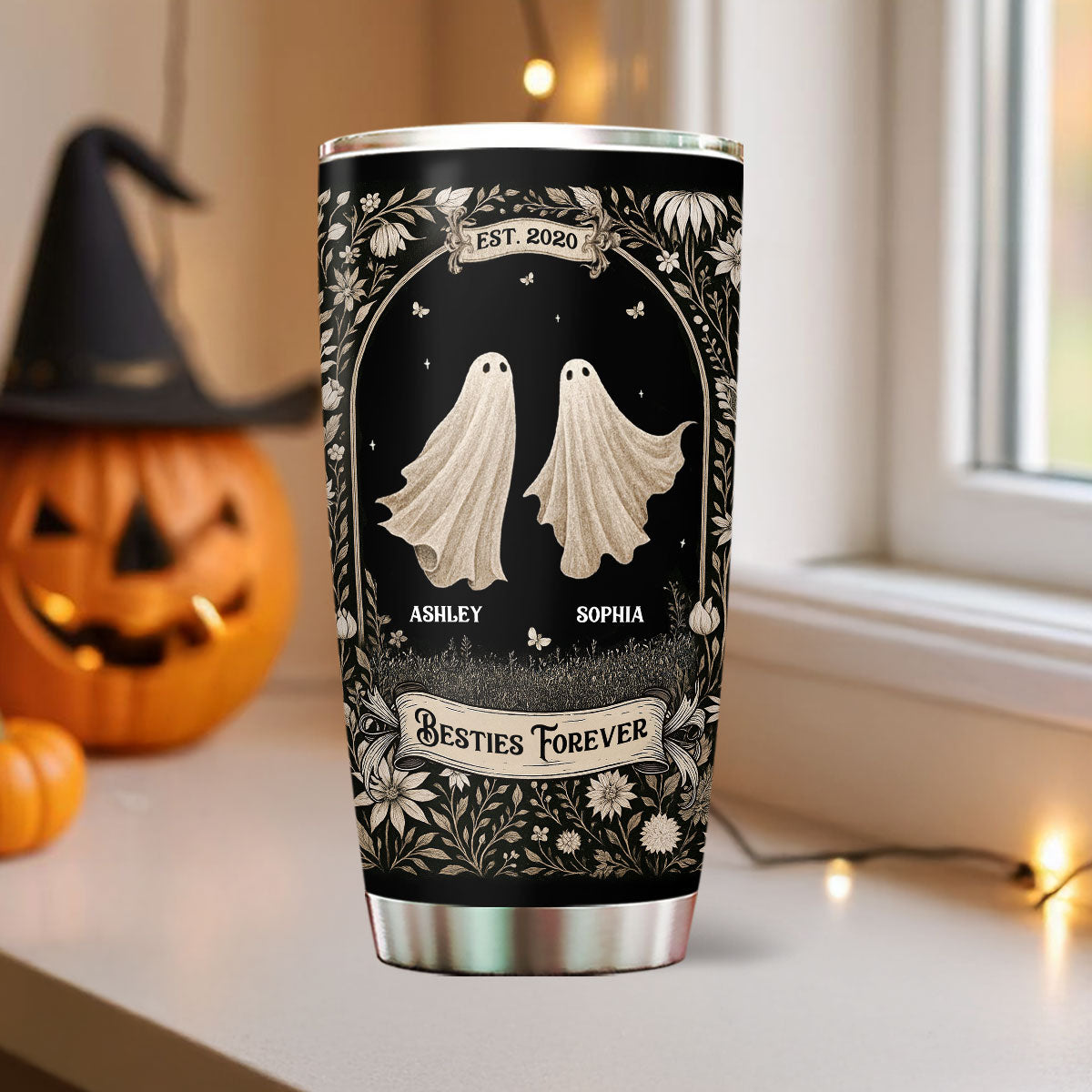 Ghost Friends Vintage Gothic Background Personalized Tumbler, Halloween gift for Besties, Sisters