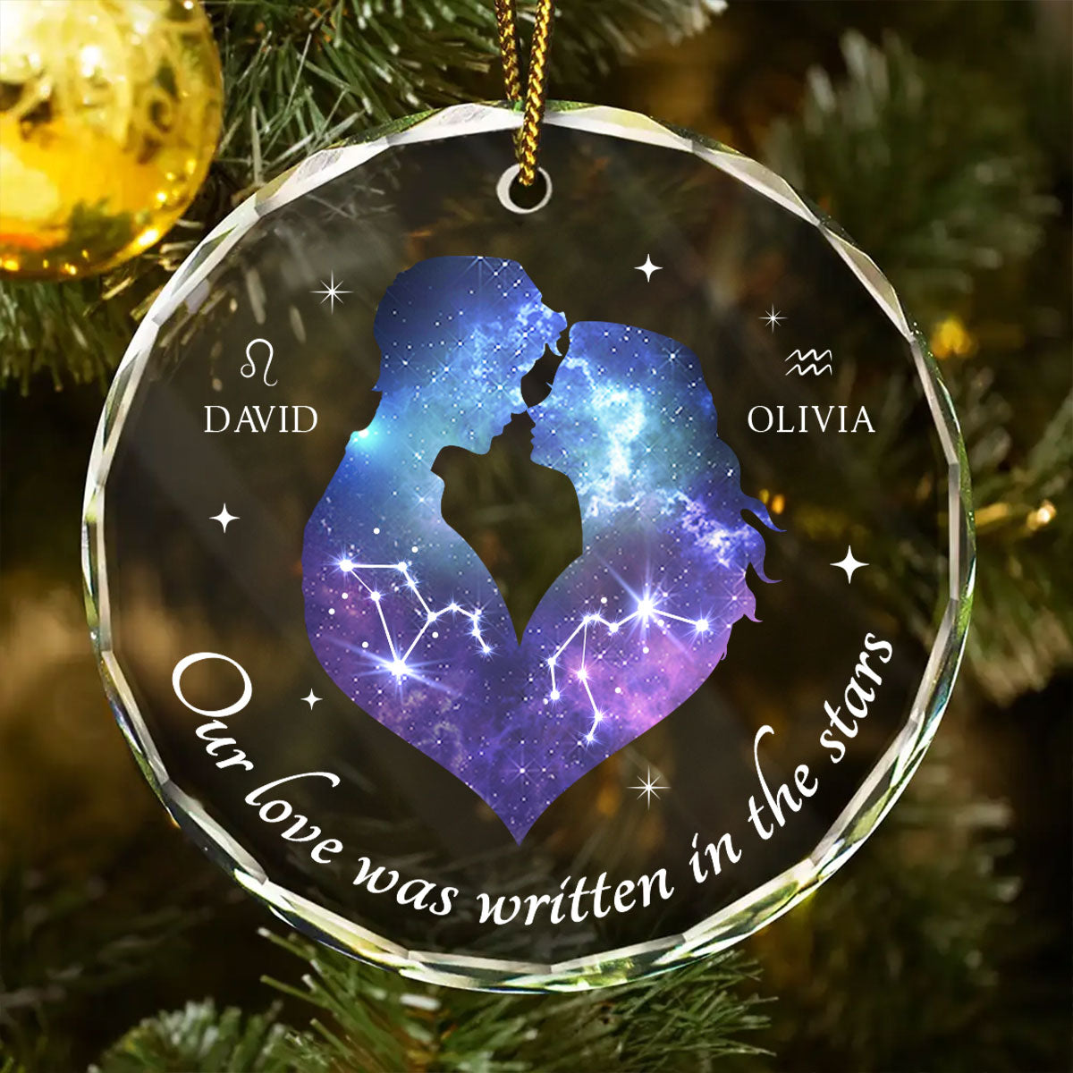 Our Love Was Written In The Stars Hugging Couple Personalized Zodiac Sign Glass Ornament, Birthday Christmas Wedding Gift For Couple, Girlfriend, Boyfriend, Astrology Lovers