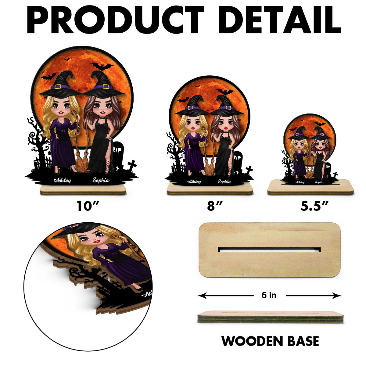 Witch Besties Halloween Moon Tabletop Tier Tray Wicca Pagan Decor Personalized 2-Layer Standing Wooden Plaque