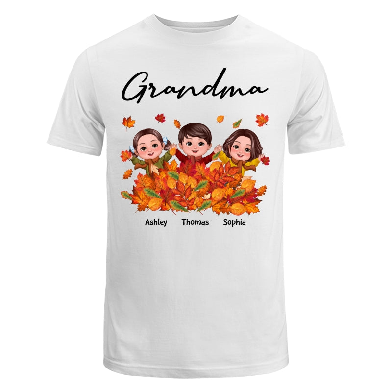 Fall Season Kids Playing In Leaf Pile Grandma Mom Personalized Shirt