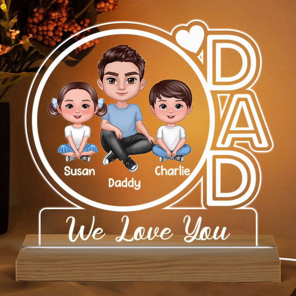 Dad We Love You Doll Man & Kids Personalized Custom Shape Acrylic Plaque With Warm LED Night Light