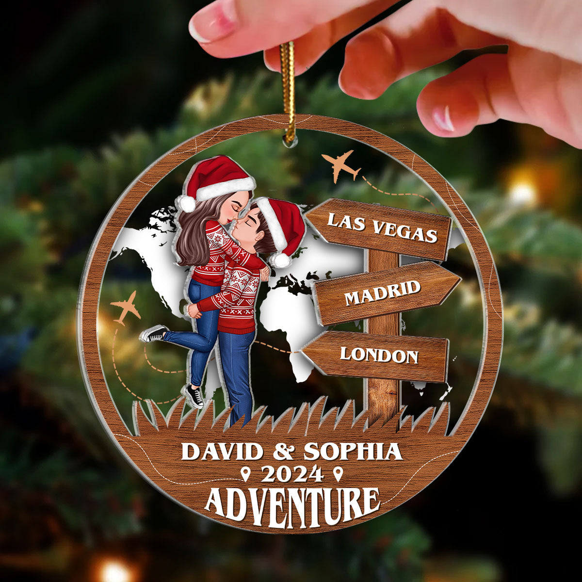 Adventure Kissing Couple Personalized 2-Layer Acrylic Ornament, Christmas Gift For Couple, Gift For Travelers