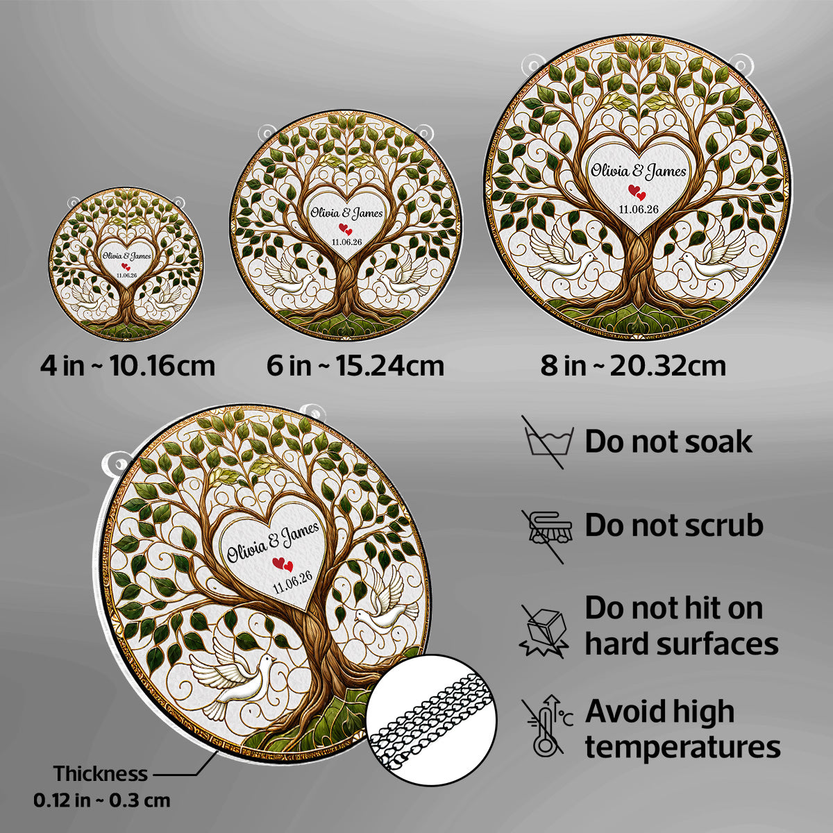Wedding Tree Of Life With Doves - Personalized Acrylic Window Hanger - Wedding Keepsake, Anniversary Gift For Couples
