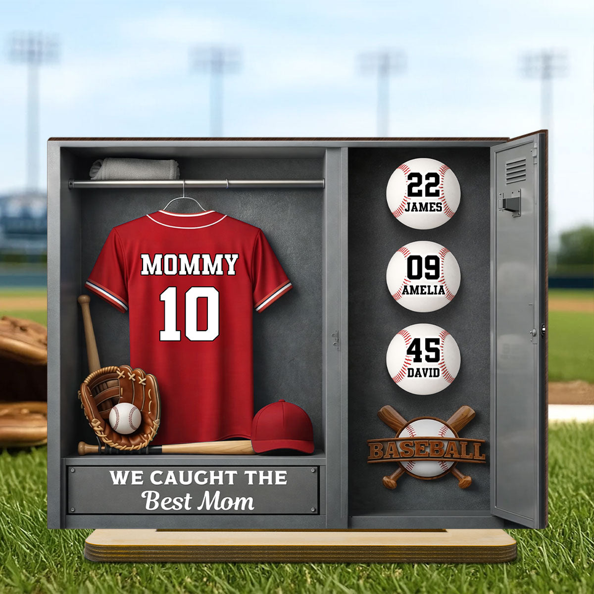 Mom Kids Baseball Locket Room - Personalized 2-Layered Wooden Plaque - Gift For Mom
