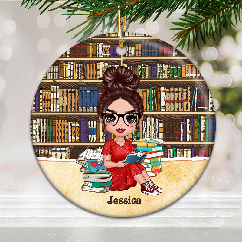 Girl Reading Books Bookshelf Background Personalized Circle Ornament