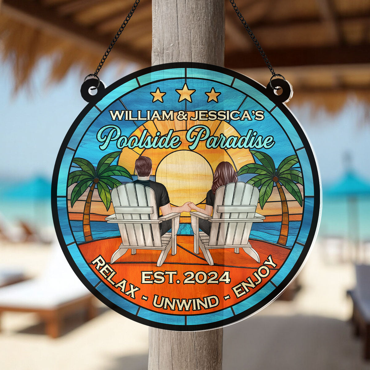 Couple Poolside Backyard Paradise Personalized Acrylic Suncatcher
