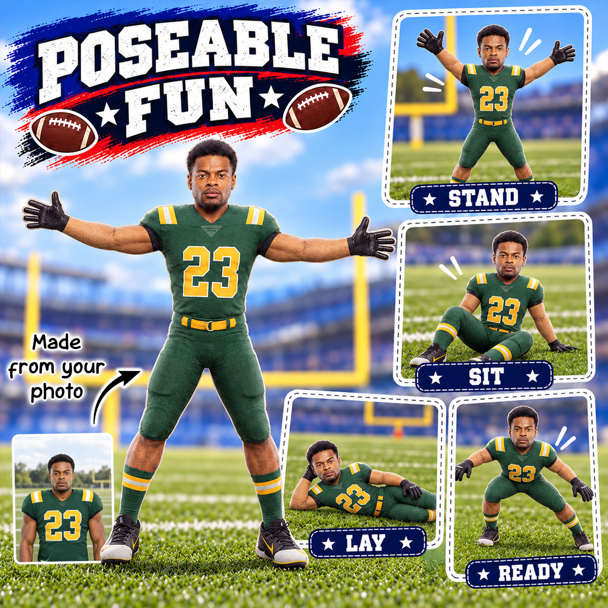Custom Football Player Doll from Photo - Personalized Poseable Plush Toy, Funny Christmas Gift for Son, Husband, Holiday Keepsake