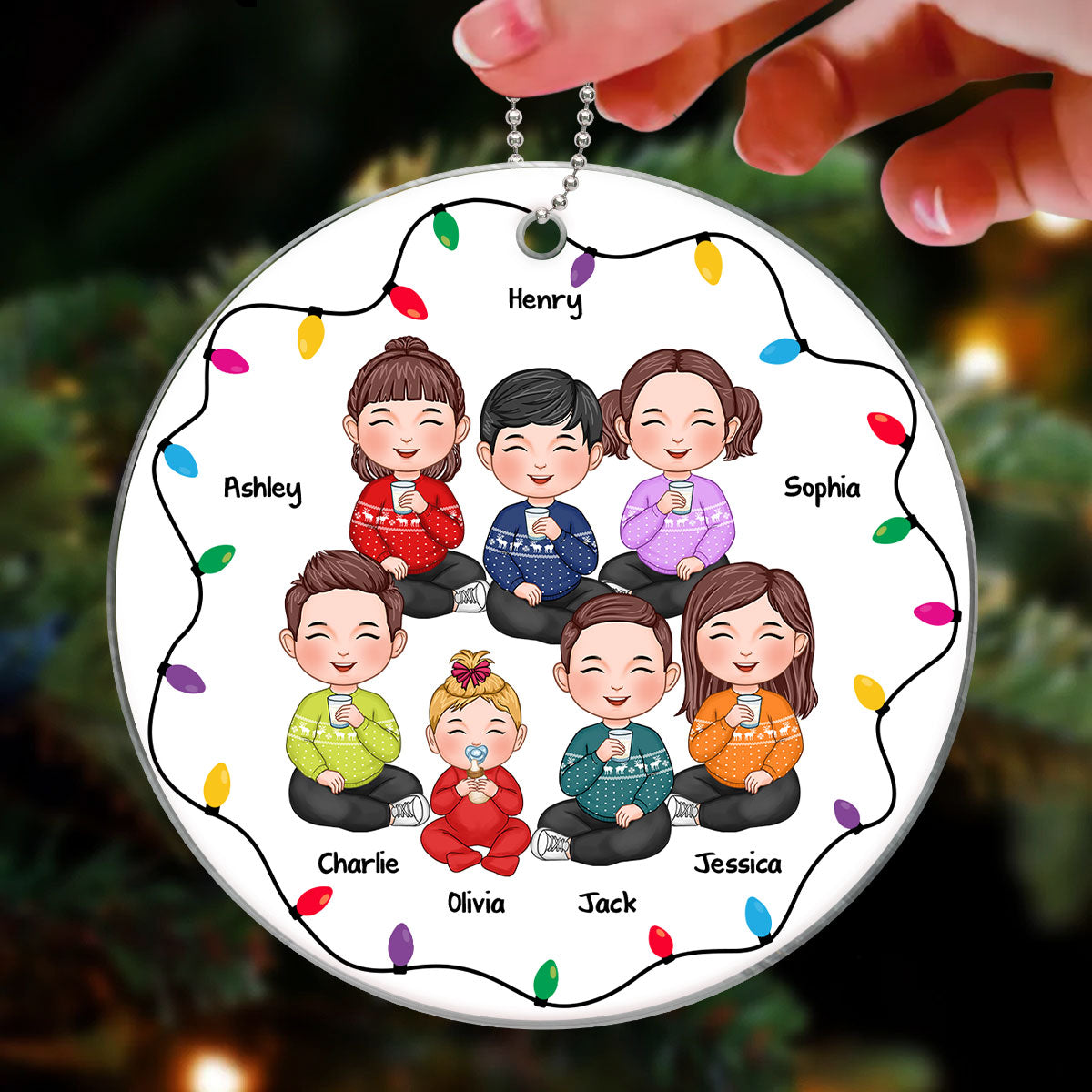Christmas Light Strings Cute Kids Sitting Personalized Acrylic Ornament