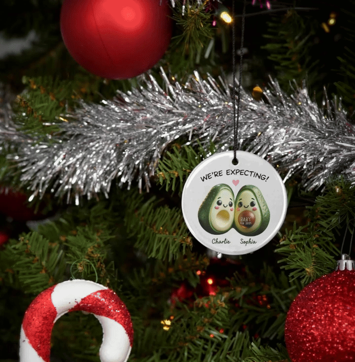 Avocado Couple Expecting Parents Pregnancy Announcement 3D Effect Keepsake Personalized Ceramic Flat Ornament
