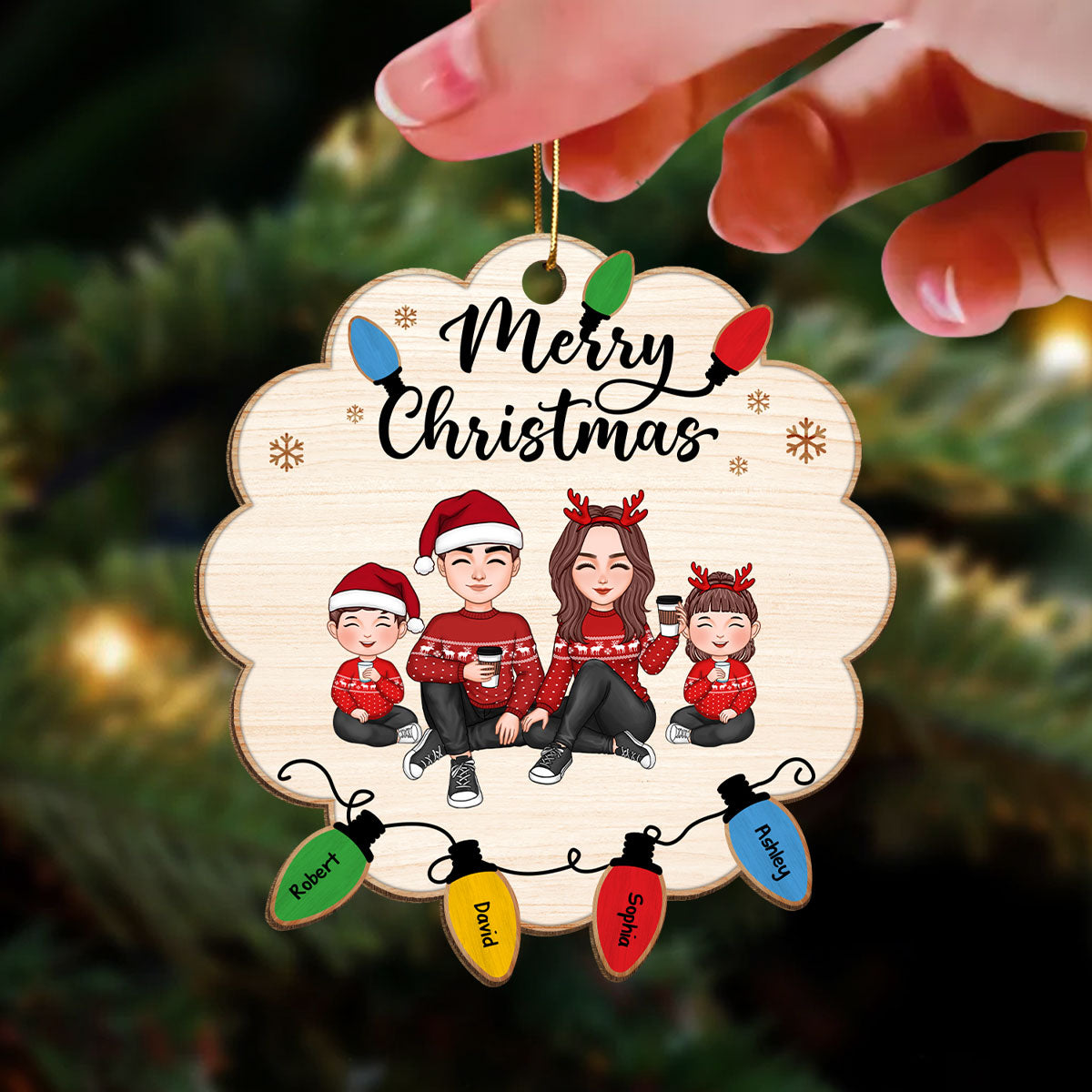 Cute Christmas Family Sitting Lightstring Personalized Wooden Ornament