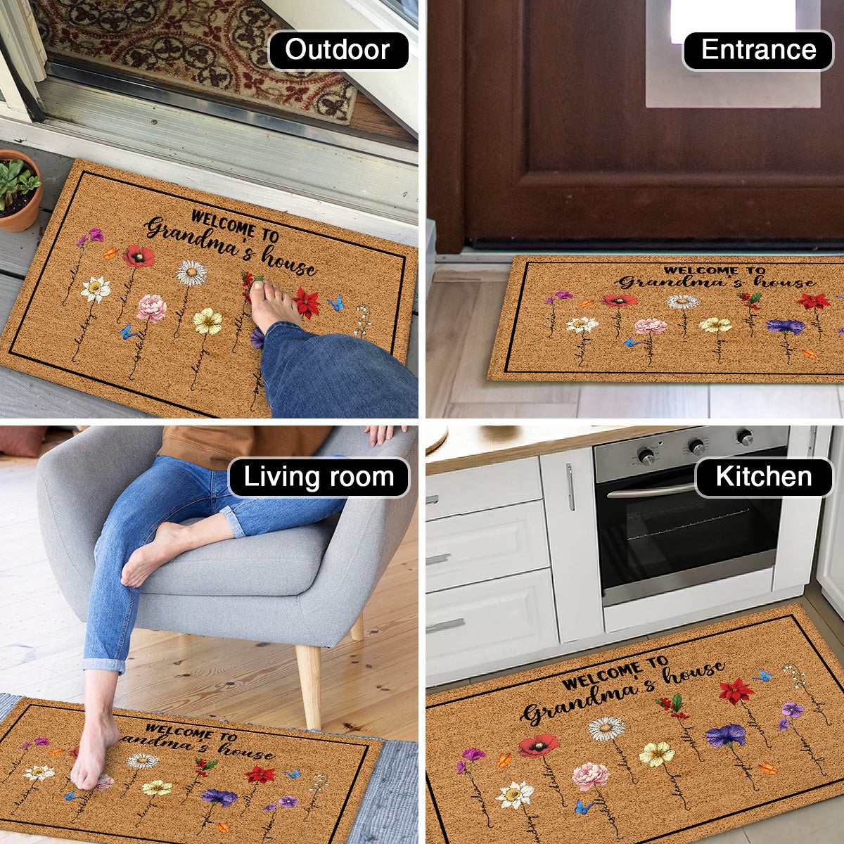 Welcome To Grandma‘s House Vintage Birth Flowers Personalized Doormat