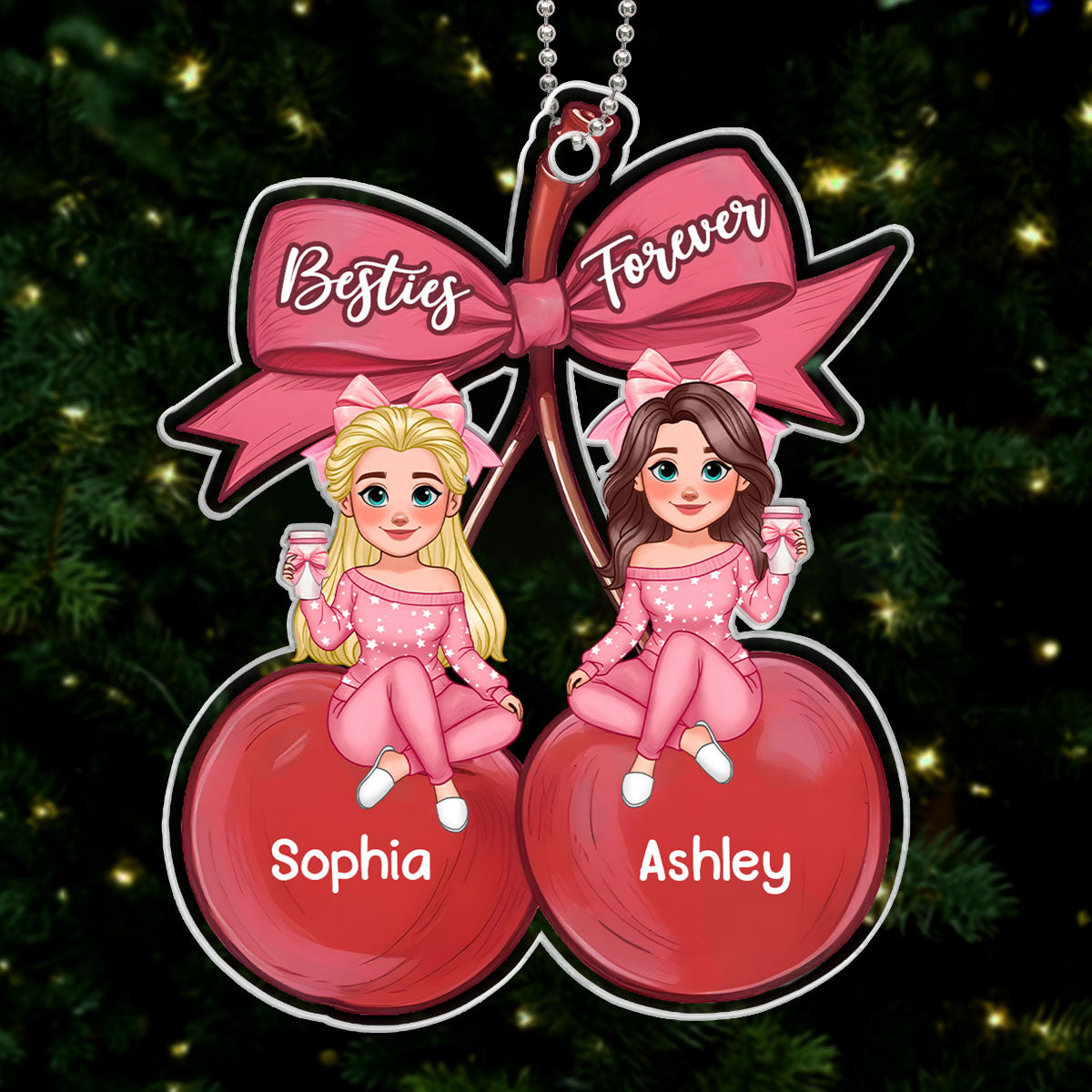 Besties Sitting On Pink Coquette Cherry Bow Personalized Acrylic Ornament, Christmas Gift For Best Friends
