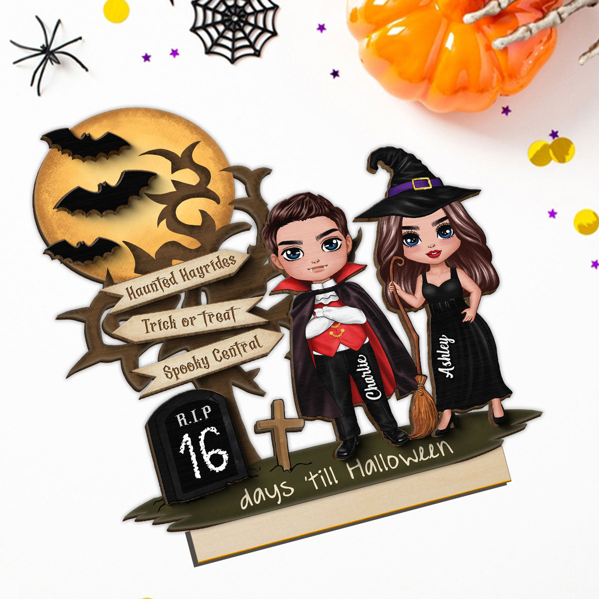 Couple Halloween Countdown Moon Bat Tree Personalized 2-Layer Standing Wooden Plaque