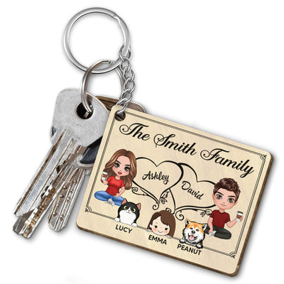 Whole Family Doll Couple Dad Mom Peeking Kids Dogs Cats Personalized Wooden Keychain