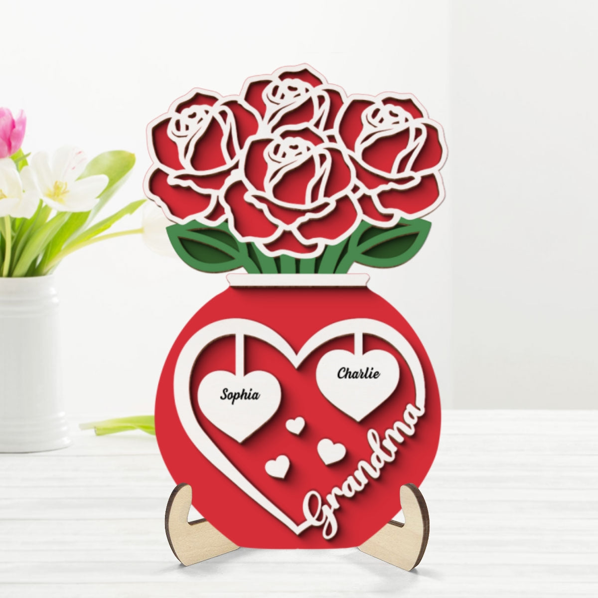 Grandma Mom Roses Bouquet In Vase Personalized 2-Layer Wooden Plaque
