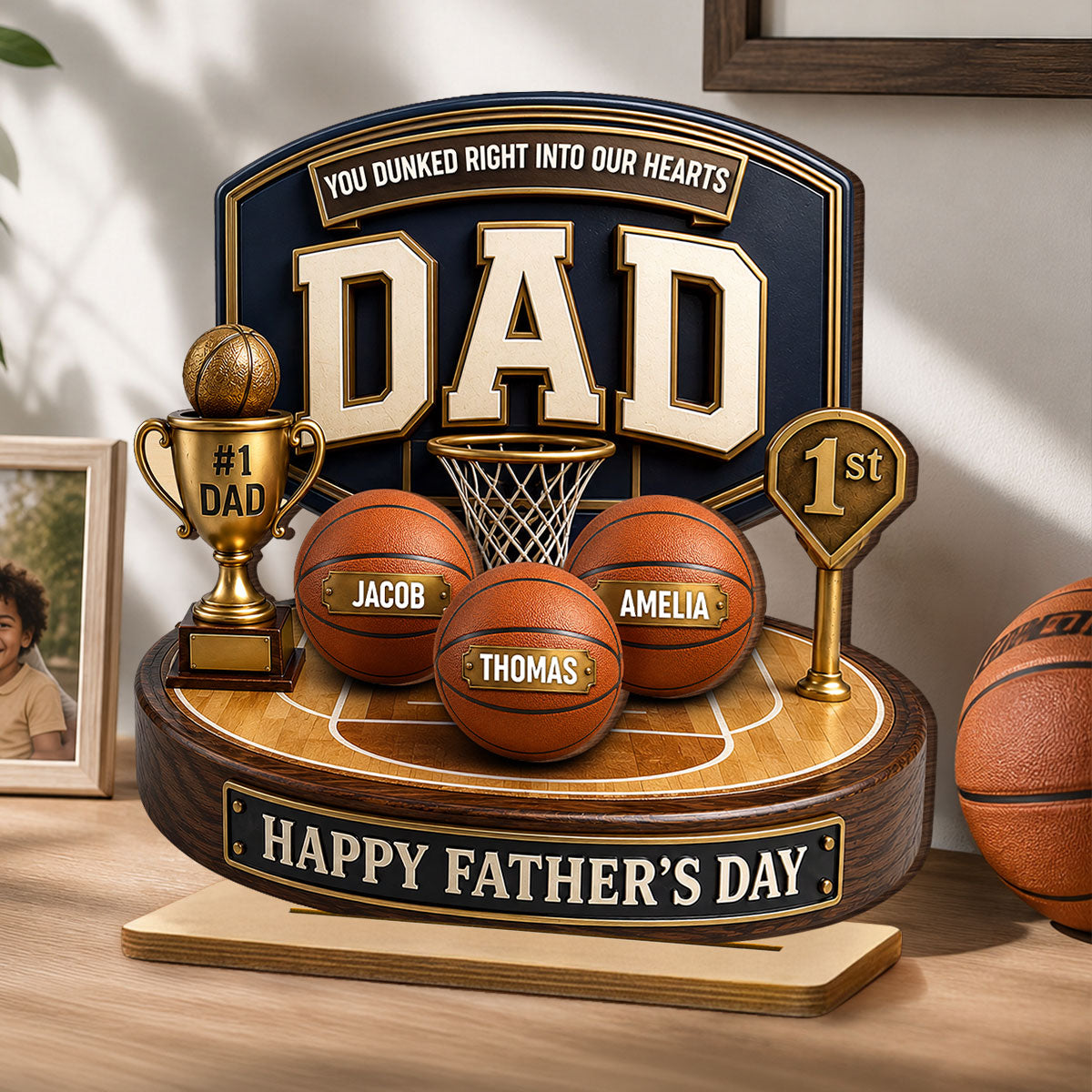 Basketball Trophy You Dunked Right Into Our Hearts - Personalized 2-Layered Wooden Plaque - Father's Day Gift For Dad, Husband