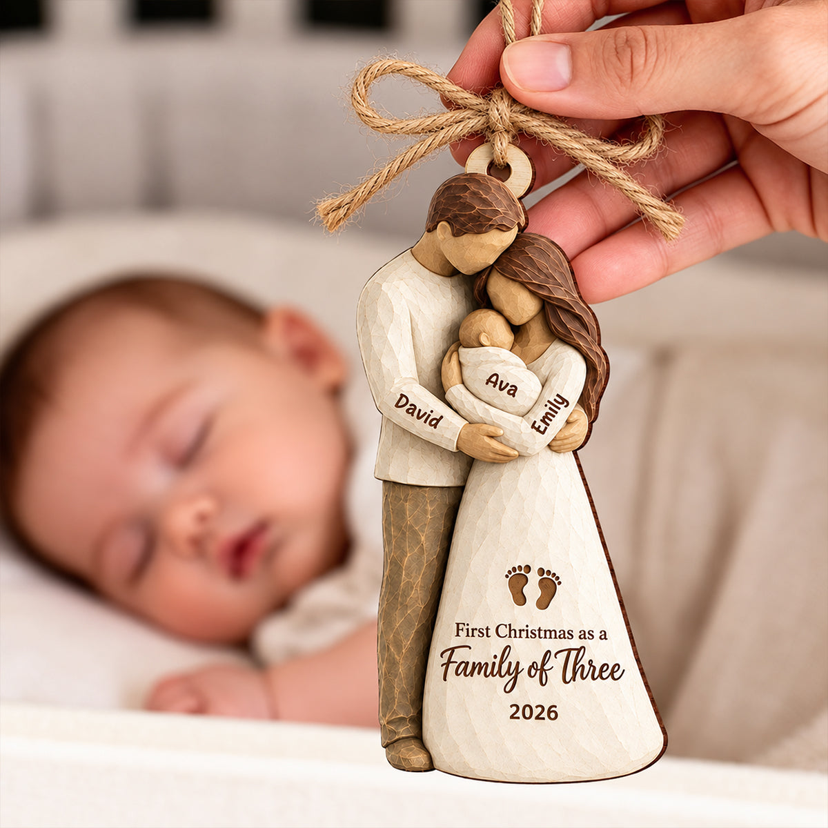 Family Of Three Standing 2D Flat Printed - Personalized Wooden Ornament - First Christmas Keepsake For New Parents