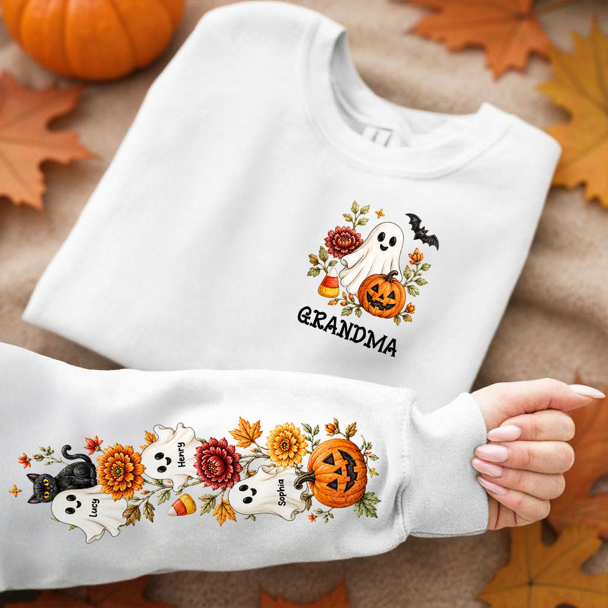 Retro Vintage Floral Grandma Boo Crew - Personalized Sleeve Printed Sweatshirt - Fall Halloween Gift For Grandma