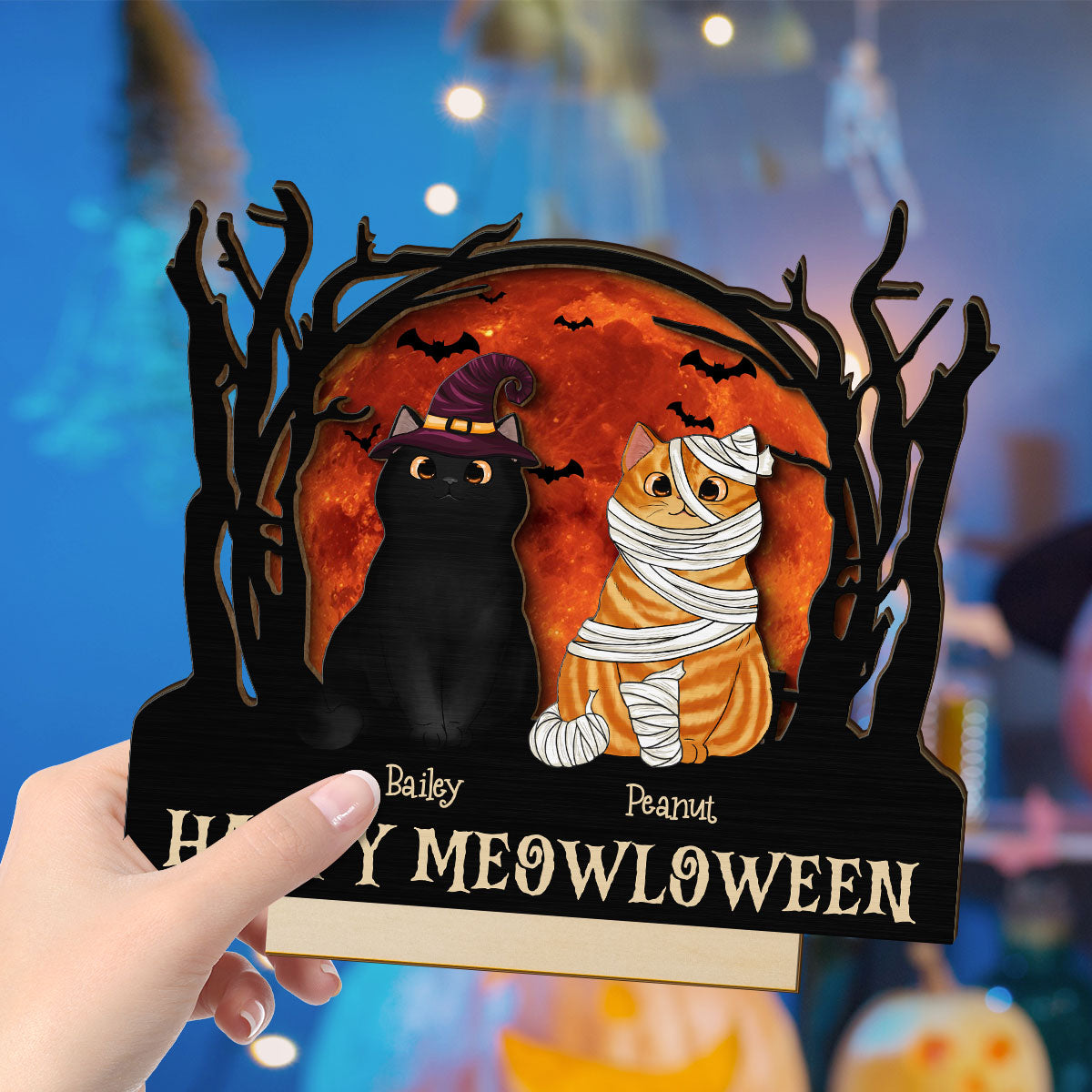 Stay Spooky Halloween Moon Scene Cat Lover Tabletop Tier Tray Decor Personalized 2-Layer Standing Wooden Plaque