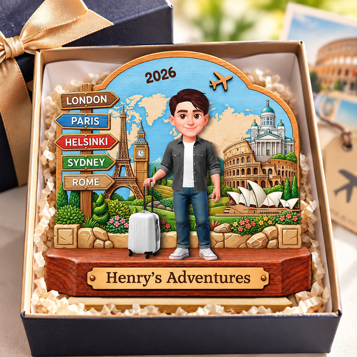 Travel Destination Landmarks 2D Flat Printed - Personalized 2-Layered Wooden Plaque - Traveling Keepsake, Gift For Travel Travel Lovers
