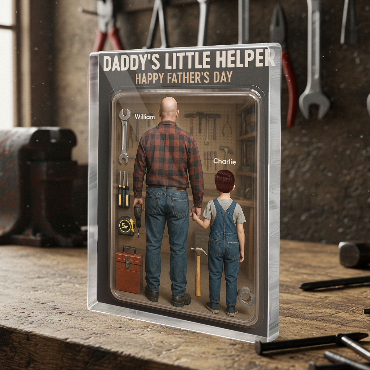 3D Effect Daddy's Little Helper Custom Figure Personalized Flat Rectangle Acrylic Block, Gift For Dad