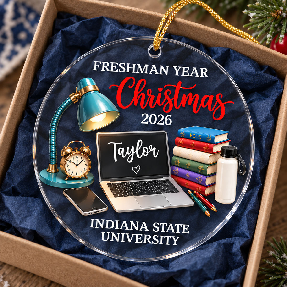 Freshman Year Christmas Study Desk – Personalized Acrylic Ornament – College Student Christmas Gift, First Year Keepsake