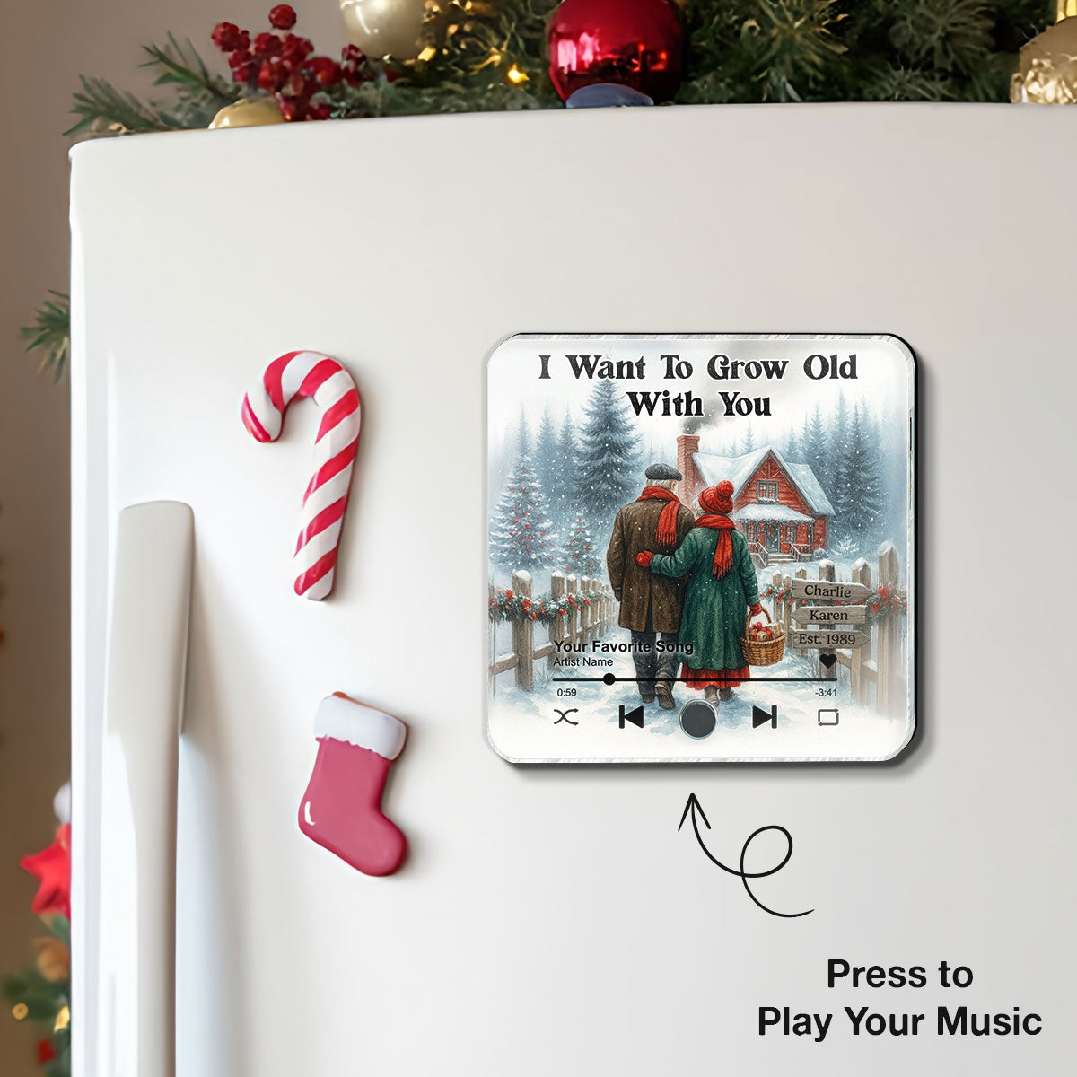 Winter Eternal Love Couple Growing Old Together Personalized Music Fridge Magnet, Heartfelt 2025 Gift, Anniversary Christmas Gift For Couple