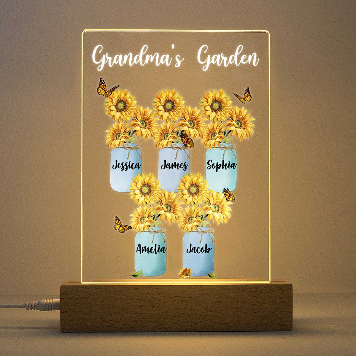 Grandma Garden Sunflower Personalized Plaque LED Night Light, Acrylic LED Lamp, Gift For Grandma