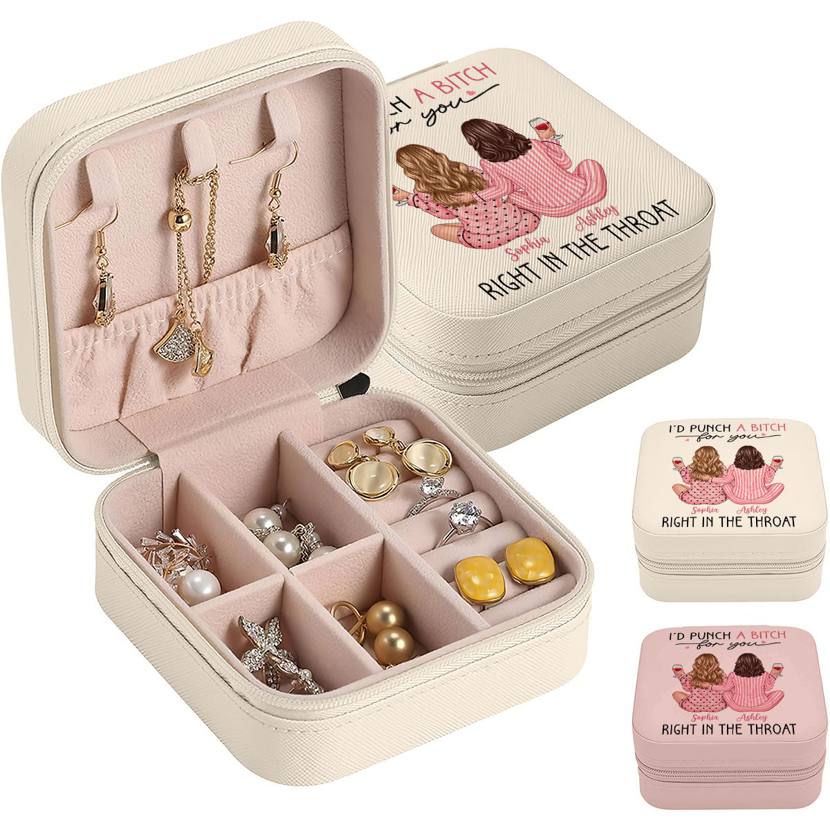 I'd Punch A Bitch For You Back View Pink Pajamas Besties Personalized Jewelry Box, Funny Gift For Best Friends, BFF
