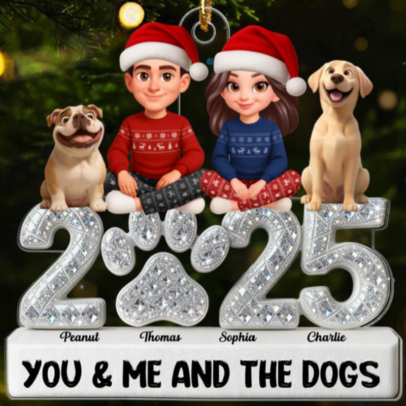 3D Shining Effect Christmas Couple You Me And The Dogs - Personalized Acrylic Ornament - Gift For Dog Lovers