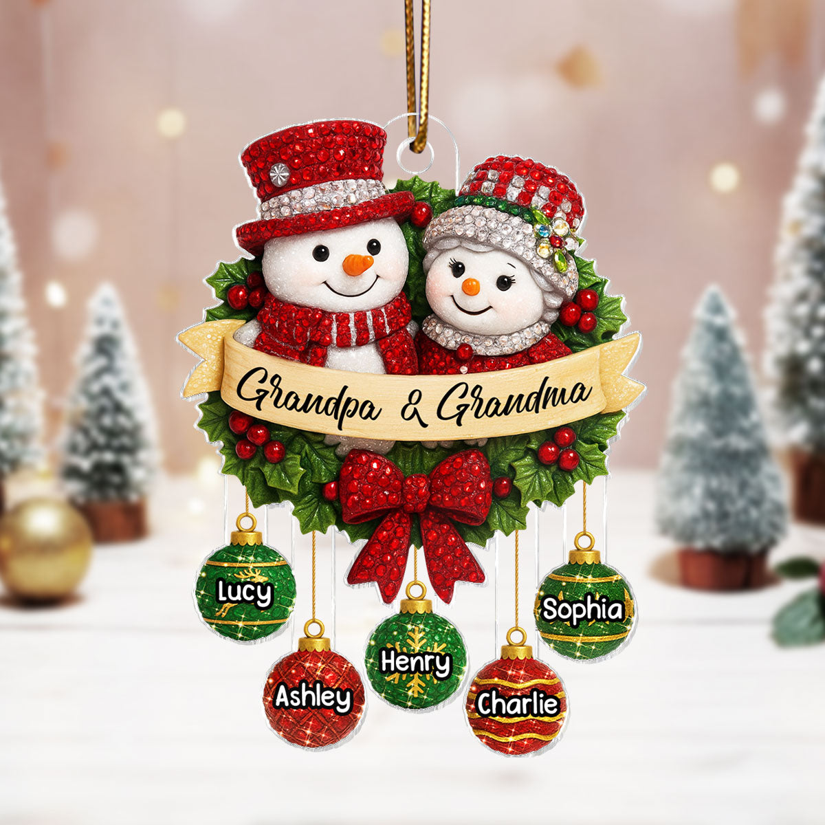 Snowman Grandparents on Christmas Wreath 3D Crystal Effect - Personalized Acrylic Ornament - Christmas Gift for Grandma, Grandpa