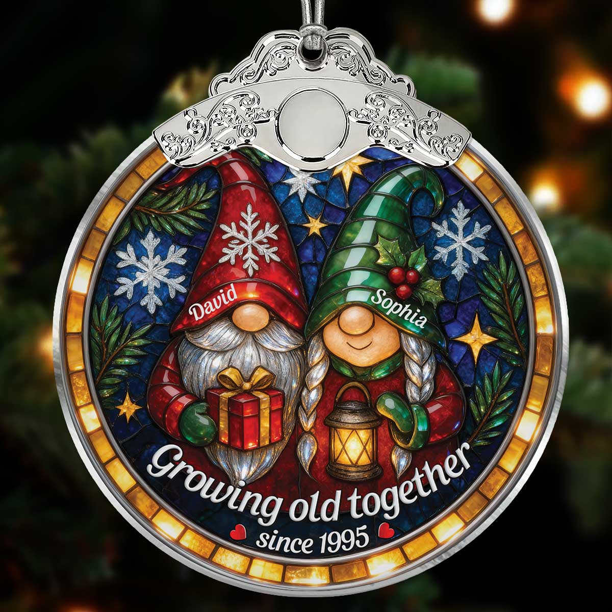 Retro Vintage Gnome Couple Growing Old Together Stained Glass Style - Personalized Glass Ornament With Silver Cap
