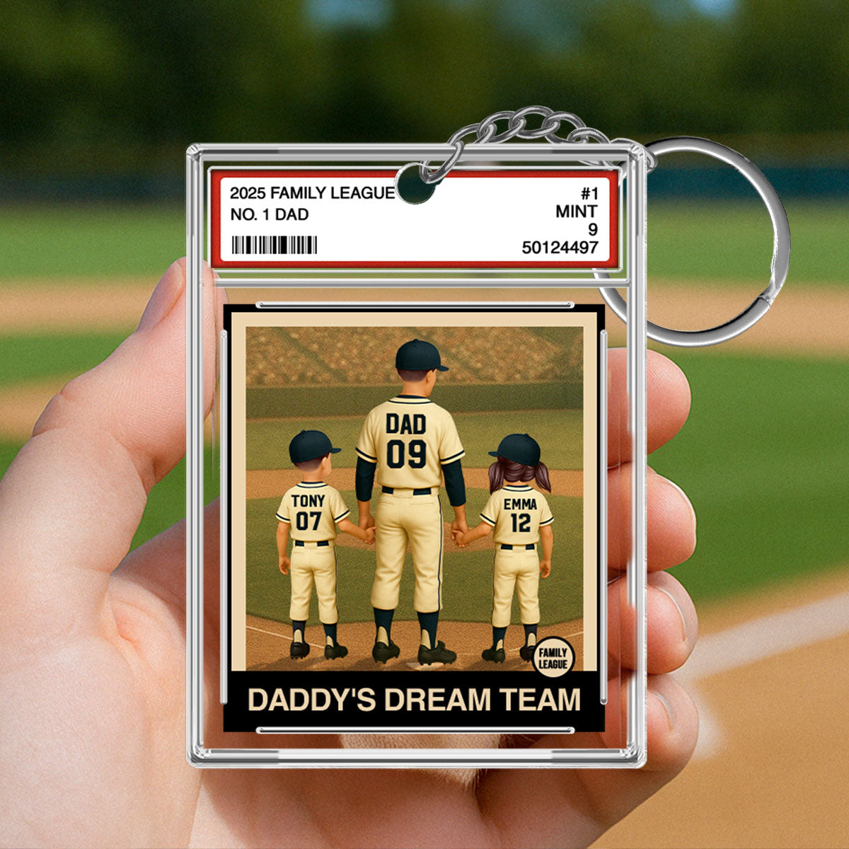 Baseball No. 1 Dad Man & Kids Trading Card Style Personalized Acrylic Keychain