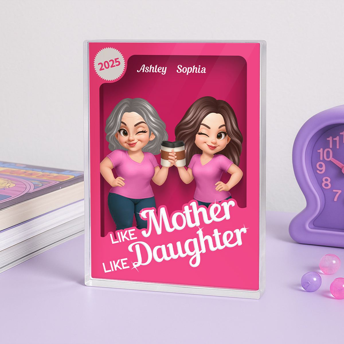Like Mother Like Daughter Pink Toy Box 3D Effect Action Figure Personalized Acrylic Block