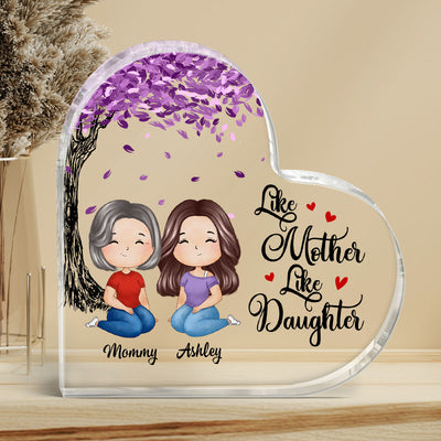 Watercolor Style Mom And Daughters Sitting Under Purple Tree Personalized Heart Acrylic Plaque