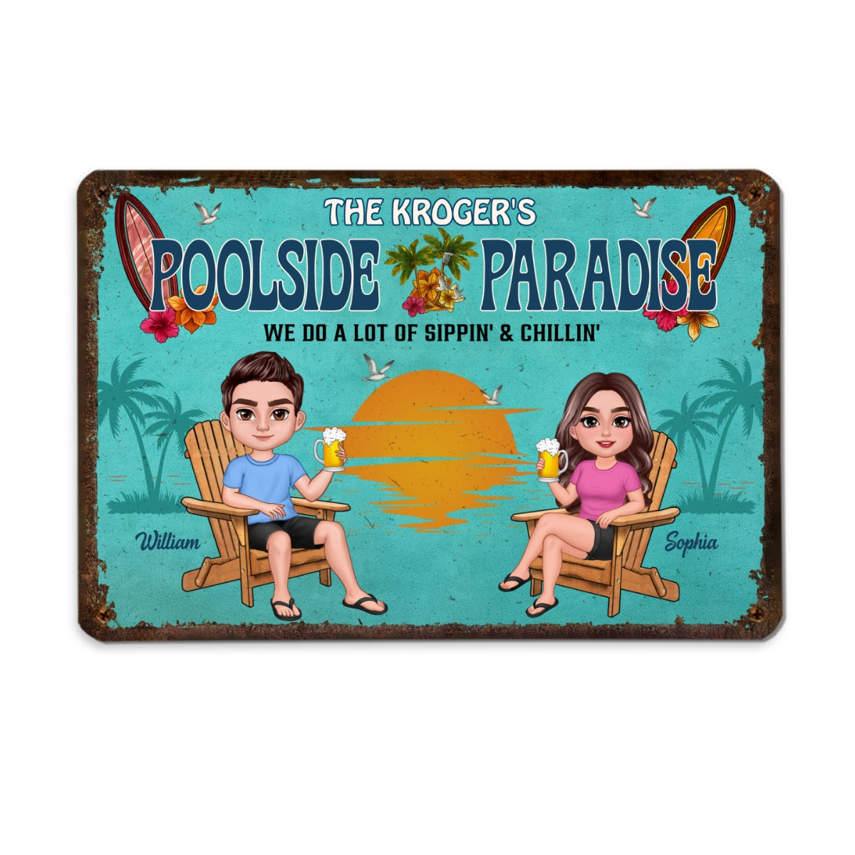 Summer Family Couple Poolside Paradise Grilling And Chilling Personalized Metal Sign