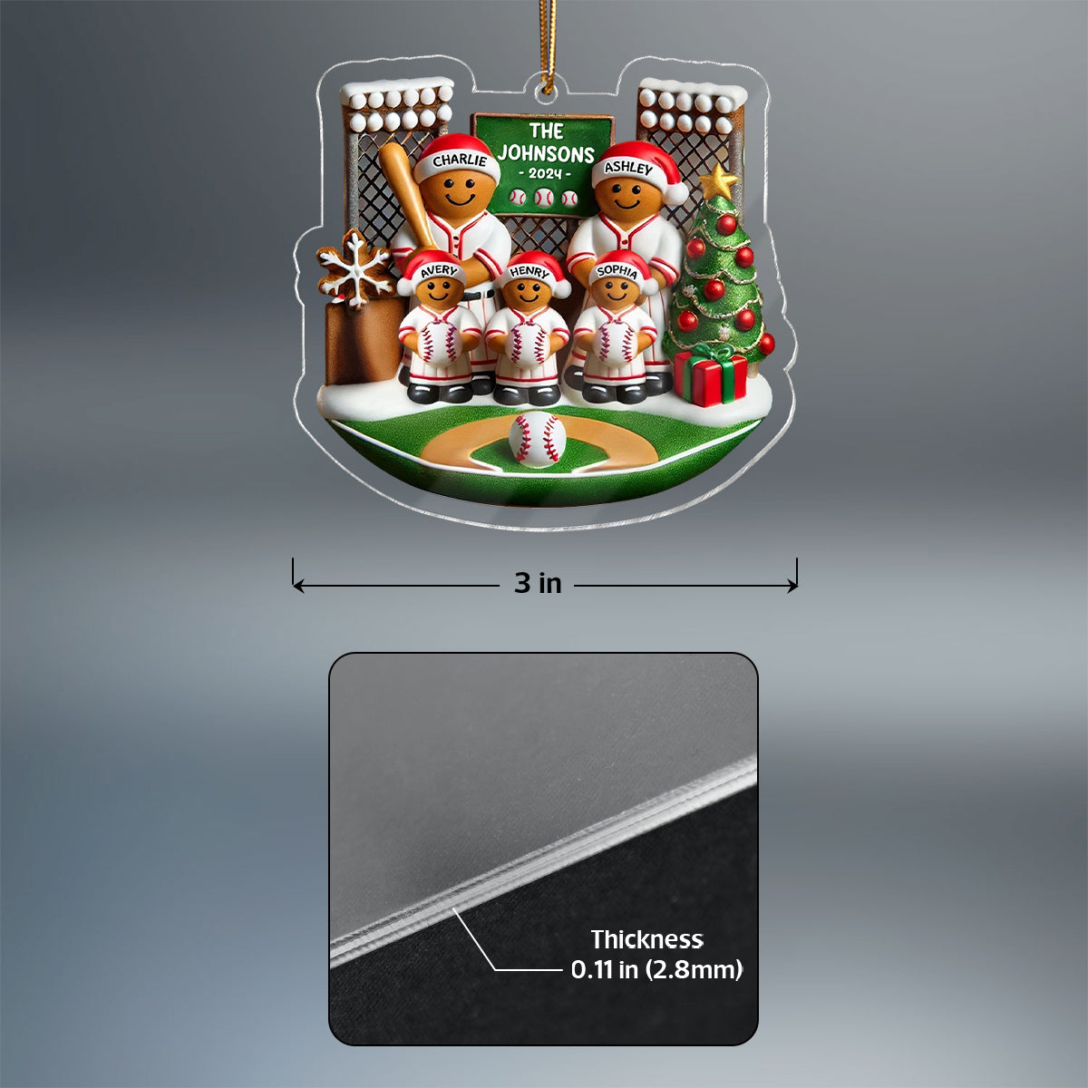 3D Effect Baseball Gingerbread Family On Field Sport Lover Personalized Acrylic Ornament