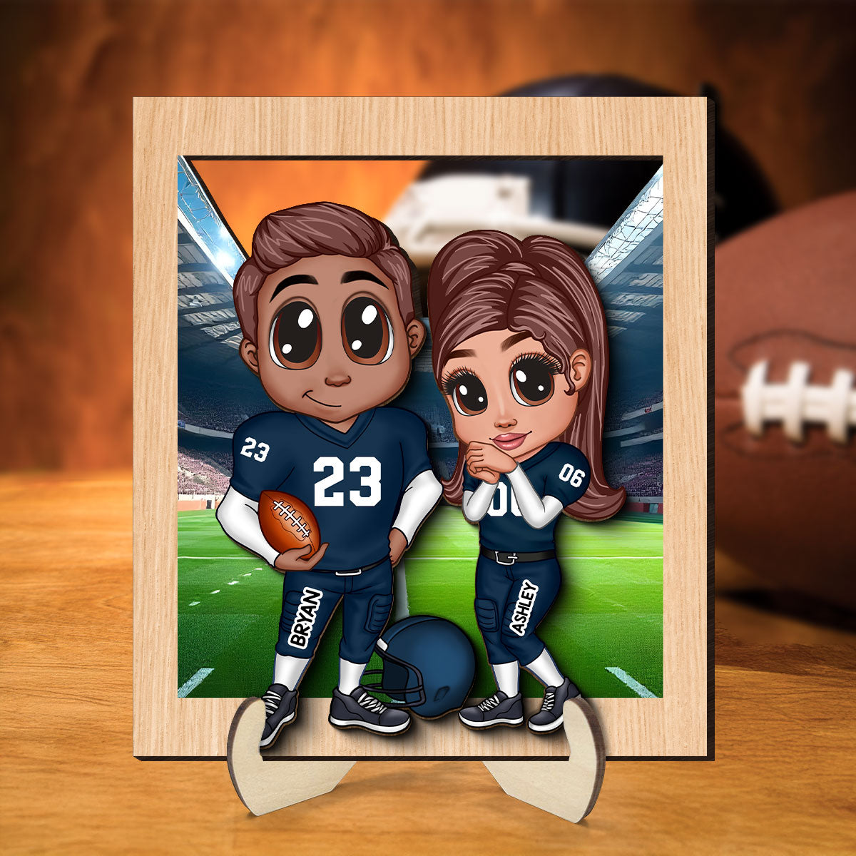 American Football Couple Y2K Style At Field Personalized 2-Layer Wooden Plaque,  Gift for Couples, Gift For Football Fans, Super Bowl 2025