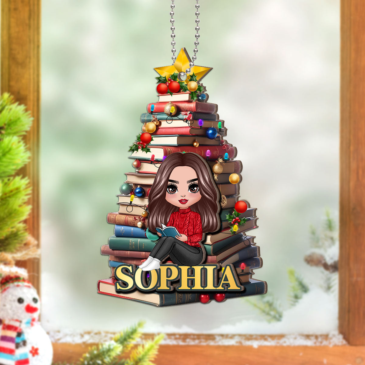 Christmas Book Tree Name Personalized 2-Layer Wooden Ornament, Book Lover Gift, Bookworm Gifts