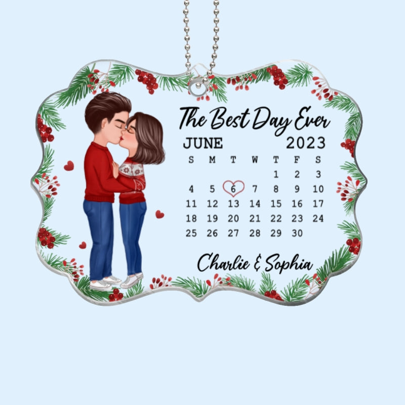 Doll Couple Kissing Anniversary Date Calendar Holly Branch Personalized Acrylic Ornament
