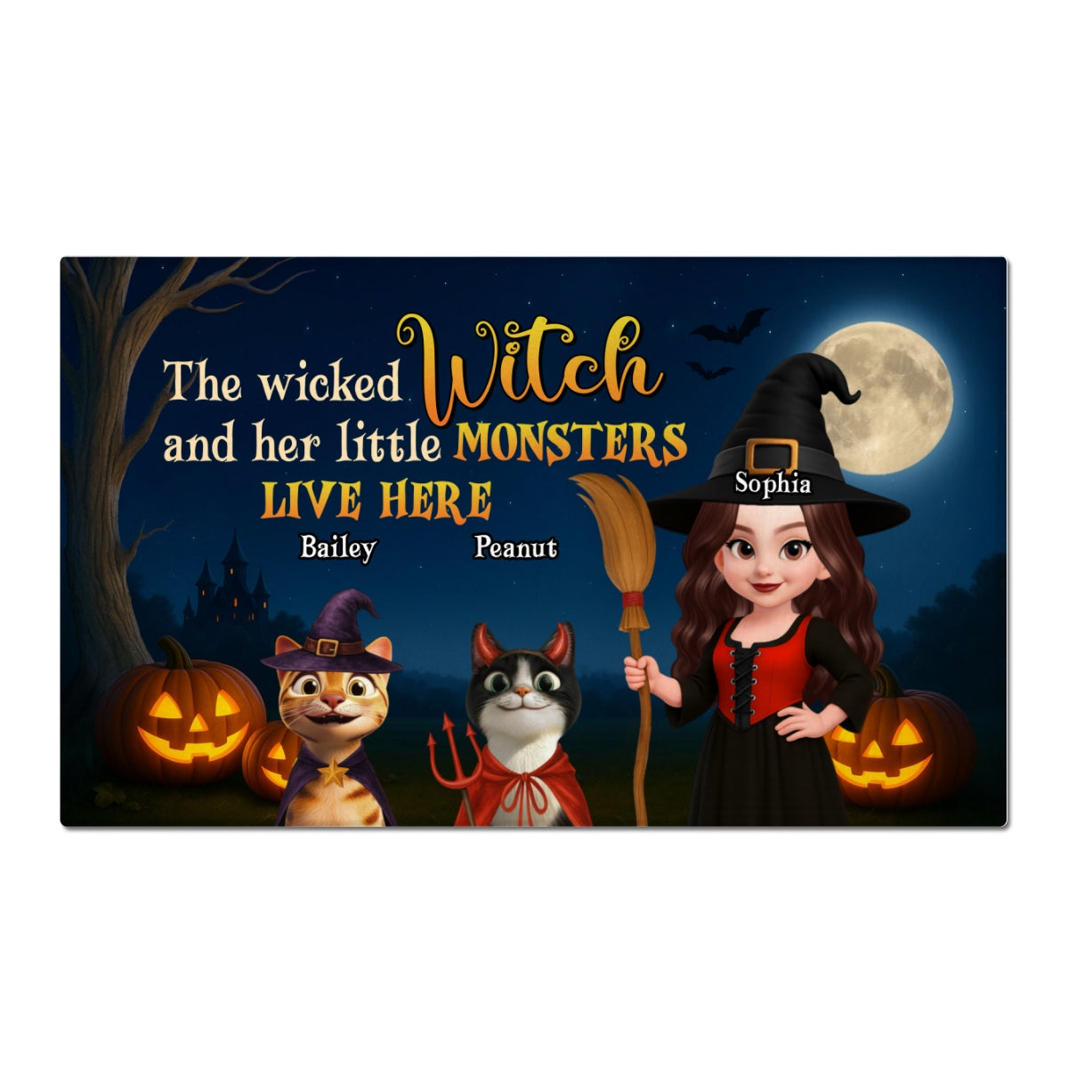 Spooky Halloween Theme Wicked Witch And Monsters Cats Personalized Doormat