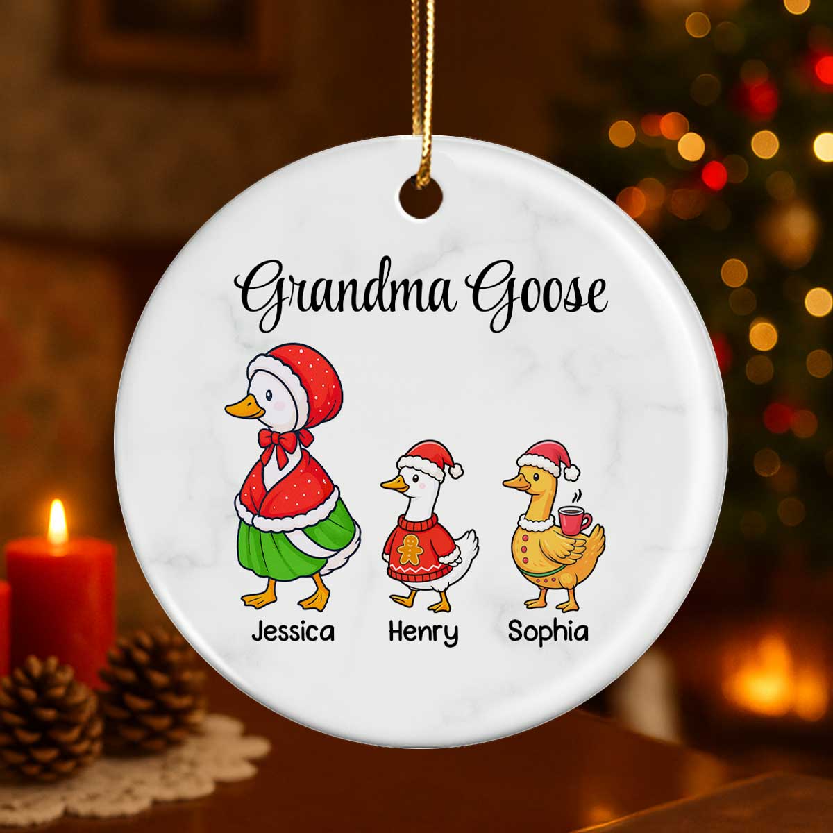 Cute Grandma Goose And Kids Personalized Circle Ceramic Ornament