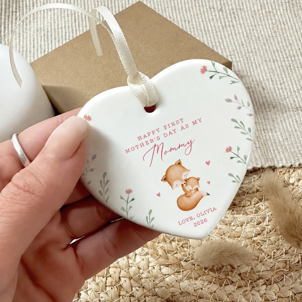 Cute Animals Personalized Heart Ceramic Ornament, Heartfelt First Gift for Mom, Gift for Grandma