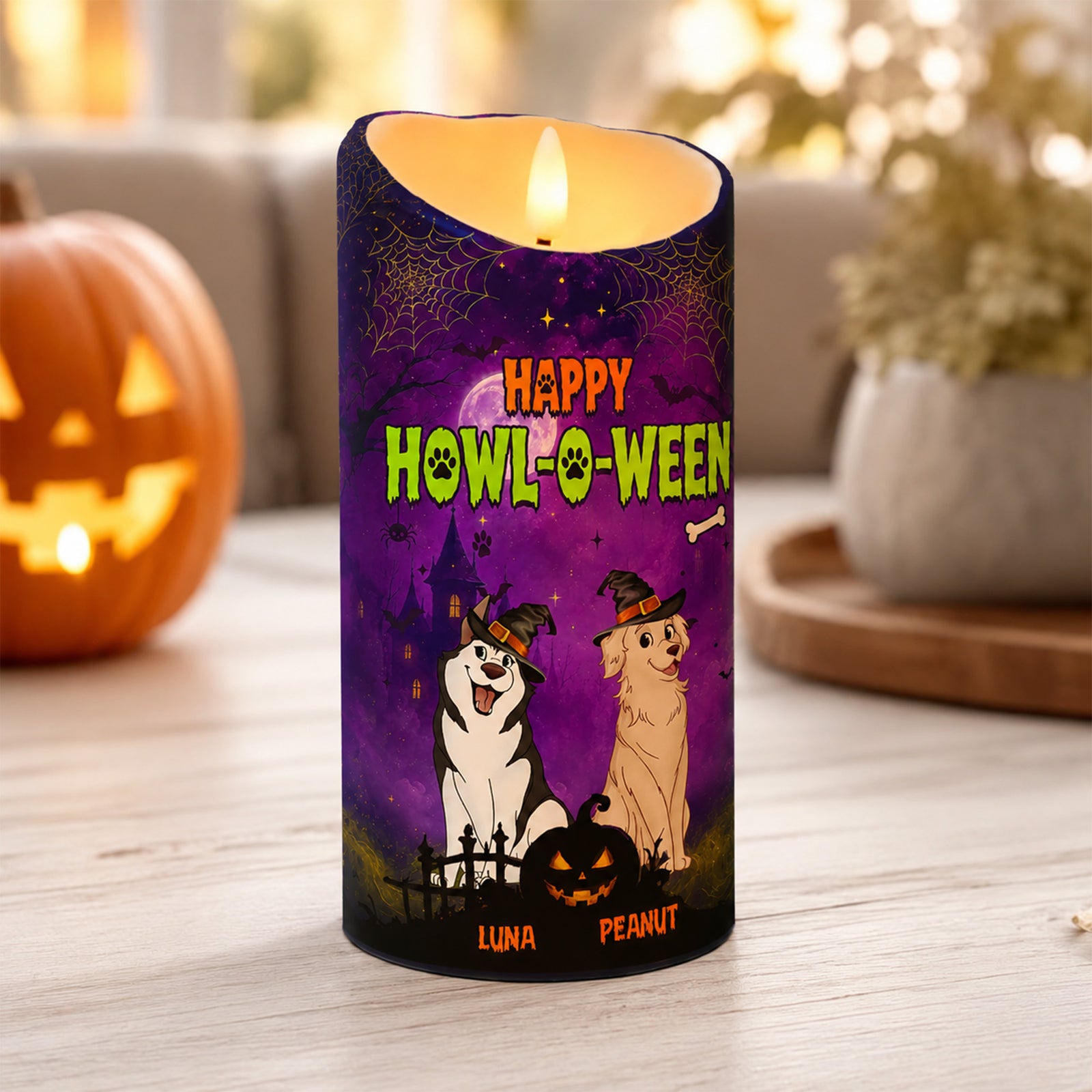Dog Mom Happy Howloween Purple Magical Theme - Personalized LED Candle - Pawfect Halloween Decor for Dog Lover