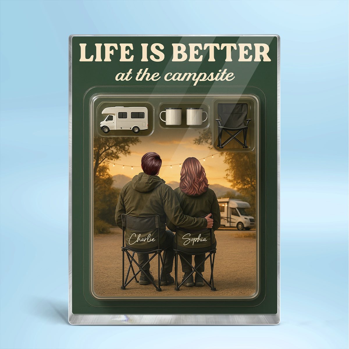 3D Effect Camping Couple Toy Box Custom Figure Personalized Rectangle Acrylic Block Plaque