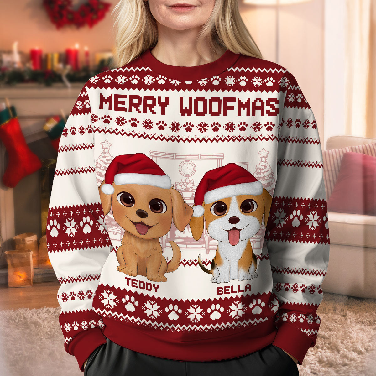 Happy Pawliday Watercolor Cute Dogs Cats Christmas Personalized Faux Knitting Ugly Sweater, Gift For Dog Cat Pet Lovers